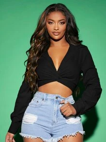 SHEIN SXY Solid Twist Front Crop Blouse - Black - View 1