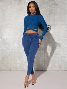 SHEIN SXY 交叉下擺短款T恤 - 藍色 - 查看 5