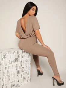 SHEIN SXY Backless Drawstring Front Jumpsuit - Khaki - View 4