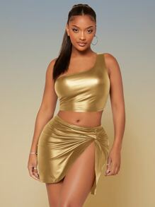 SHEIN SXY One Shoulder Crop Top & Split Hem Skirt Set - Gold - View 4