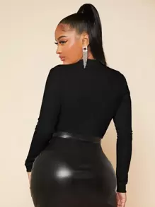 SHEIN SXY 帶袖子拉鍊收身黑色連身衣 - 黑色 - 查看 2