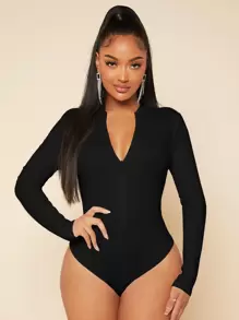 SHEIN SXY 帶袖子拉鍊收身黑色連身衣 - 黑色 - 查看 3