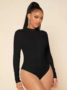 SHEIN SXY 帶袖子拉鍊收身黑色連身衣 - 黑色 - 查看 4