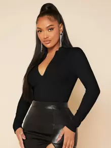 SHEIN SXY 帶袖子拉鍊收身黑色連身衣 - 黑色 - 查看 6