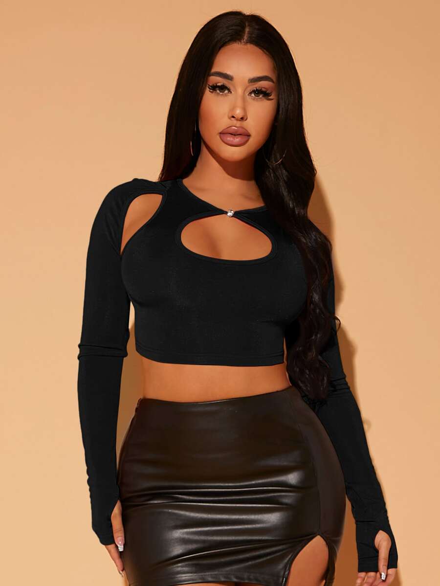 SHEIN SXY 前鏤空短款上衣 - 黑色 - 查看 1