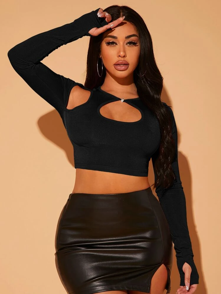 SHEIN SXY Cutout Front Crop Top - Black - View 3