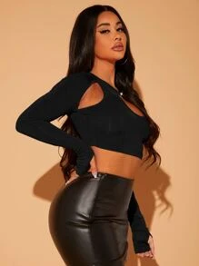 SHEIN SXY 前鏤空短款上衣 - 黑色 - 查看 4