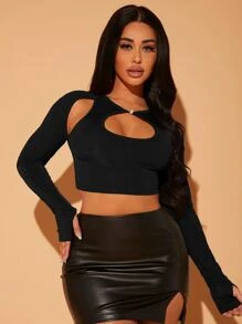 SHEIN SXY 前鏤空短款上衣 - 黑色 - 查看 5