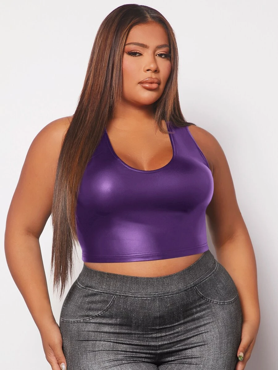 SHEIN SXY Plus Solid Patent Crop Tank Top - Violet Purple - View 1