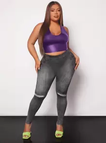 SHEIN SXY Plus Solid Patent Crop Tank Top - Violet Purple - View 3