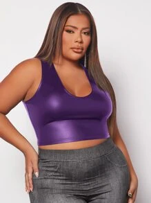 SHEIN SXY Plus Solid Patent Crop Tank Top - Violet Purple - View 5