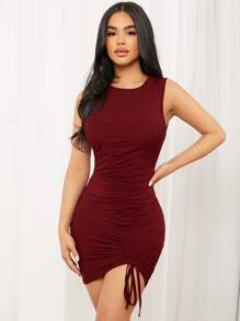 SHEIN SXY 再生滌褶邊前抽繩緊身洋裝 - 紫紅色 - 查看 1