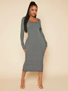 SHEIN SXY Solid Square Neck Bodycon Dress - Grey - View 1