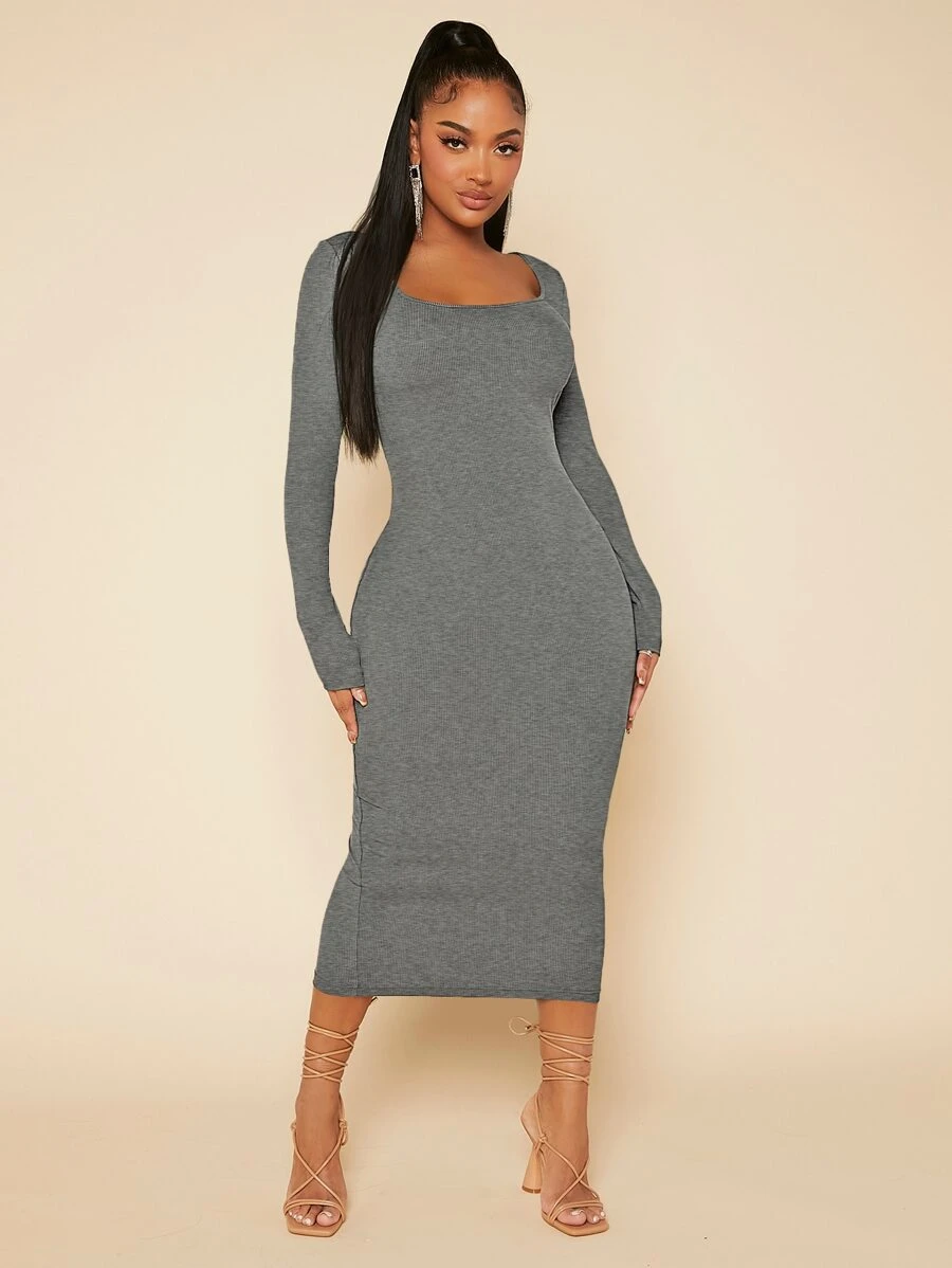 SHEIN SXY Solid Square Neck Bodycon Dress - Grey - View 1