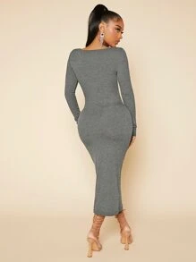 SHEIN SXY Solid Square Neck Bodycon Dress - Grey - View 2