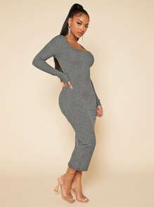 SHEIN SXY Solid Square Neck Bodycon Dress - Grey - View 3