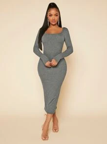 SHEIN SXY Solid Square Neck Bodycon Dress - Grey - View 4