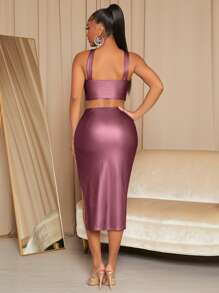 SHEIN SXY Bộ đồ hai mảnh nữ Hội Chữ thập Tách cao màu trơn Buổi tiệc - Gỗ đỏ - Xem 2