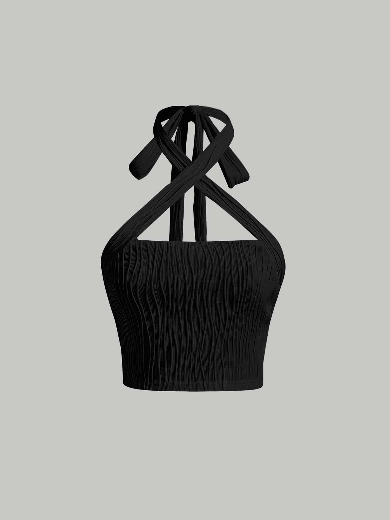 SHEIN MOD Áo hai dây Lộ Lưng Hội Chữ thập Buộc lại Textured màu trơn Gợi cảm - màu đen - Xem 1