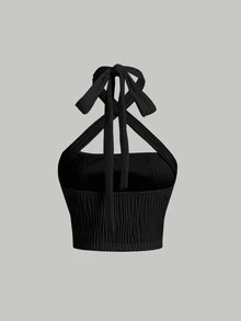 SHEIN MOD Áo hai dây Lộ Lưng Hội Chữ thập Buộc lại Textured màu trơn Gợi cảm - màu đen - Xem 2