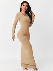 SHEIN SXY Solid Maxi Bodycon Dress - Apricot - View 5