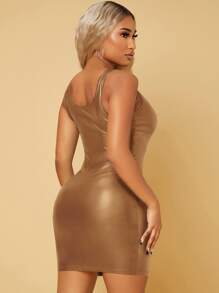 SHEIN SXY Scoop Neck PU Leather Bodycon Dress - Gold - View 2