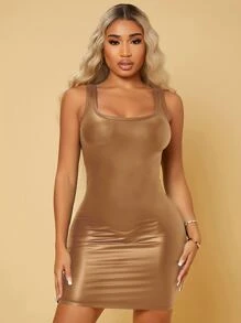 SHEIN SXY Scoop Neck PU Leather Bodycon Dress - Gold - View 3