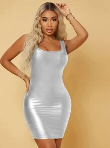 SHEIN SXY Scoop Neck PU Leather Bodycon Dress - Silver - View 5
