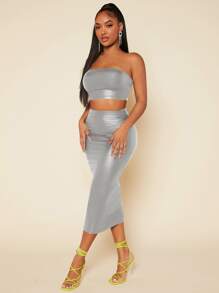 SHEIN SXY PU皮革短款抹胸上衣和鉛筆裙