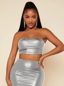 SHEIN SXY PU皮革短款抹胸上衣和鉛筆裙