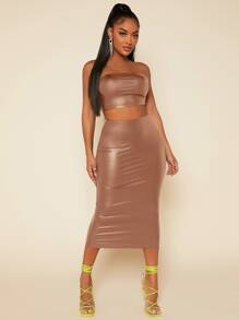 SHEIN SXY PU皮革短款抹胸上衣和鉛筆裙