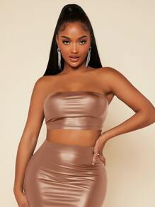 SHEIN SXY PU皮革短款抹胸上衣和鉛筆裙