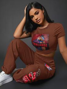 SHEIN SXY Áo thun nữ Con số Lá thư Giải trí - Màu nâu Sô-cô-la - Xem 1