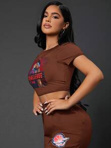 SHEIN SXY Áo thun nữ Con số Lá thư Giải trí - Màu nâu Sô-cô-la - Xem 3
