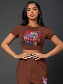 SHEIN SXY Áo thun nữ Con số Lá thư Giải trí - Màu nâu Sô-cô-la - Xem 4