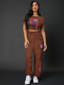 SHEIN SXY Áo thun nữ Con số Lá thư Giải trí - Màu nâu Sô-cô-la - Xem 5