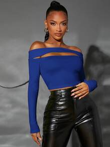 SHEIN SXY Off Shoulder Cutout Crop Tee - Royal Blue - View 1