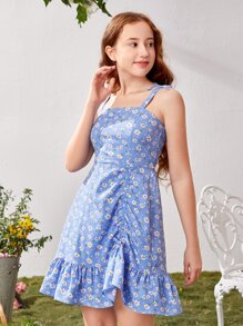 SHEIN Teen Girls Daisy Floral Print Ruffle Hem Cami Dress - Blue - View 1