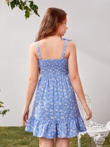 SHEIN Teen Girls Daisy Floral Print Ruffle Hem Cami Dress - Blue - View 2