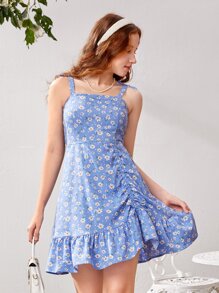 SHEIN Teen Girls Daisy Floral Print Ruffle Hem Cami Dress - Blue - View 3