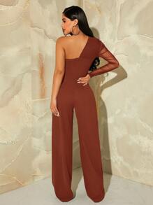 SHEIN SXY One Shoulder Contrast Mesh Puff Sleeve Jumpsuit - Rust Brown - View 2