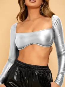 SHEIN SXY Square Neck Asymmetrical Hem PU Leather Crop Top - Silver - View 1