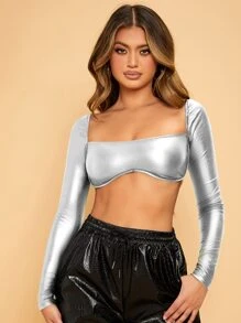 SHEIN SXY Square Neck Asymmetrical Hem PU Leather Crop Top - Silver - View 3