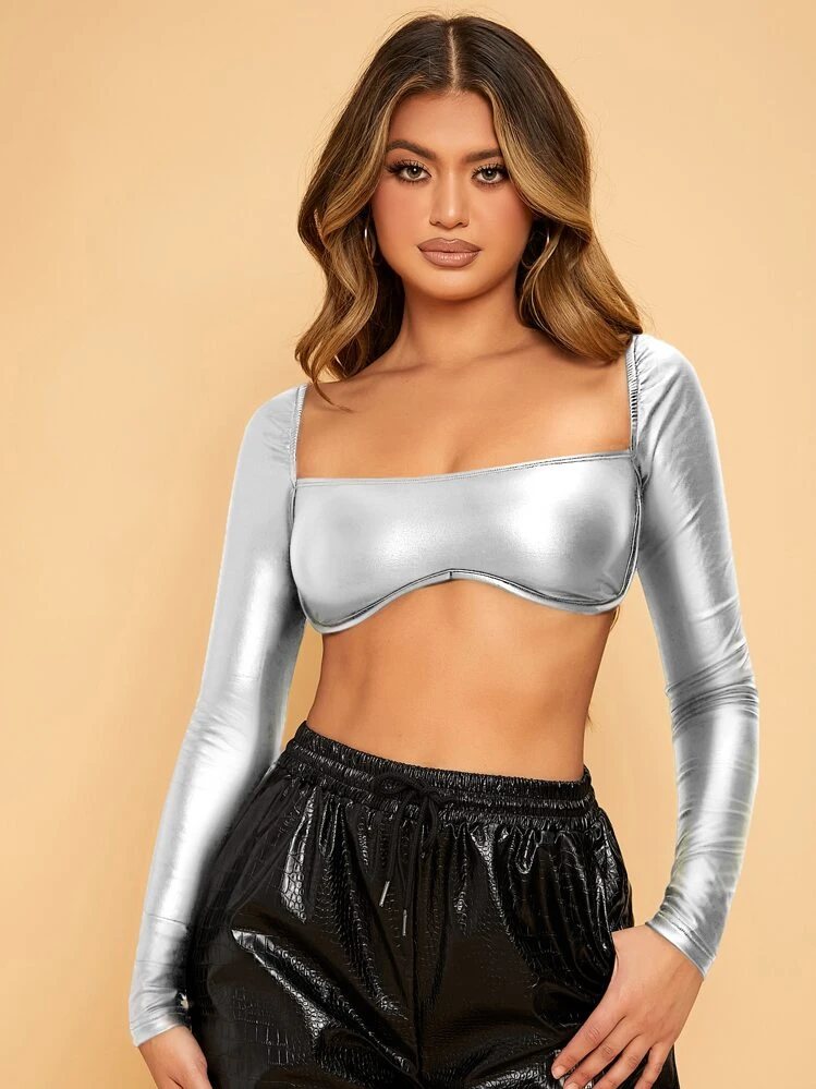 SHEIN SXY Square Neck Asymmetrical Hem PU Leather Crop Top - Silver - View 3