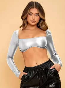 SHEIN SXY Square Neck Asymmetrical Hem PU Leather Crop Top - Silver - View 5