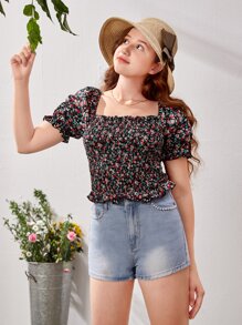 SHEIN 青少年女孩碎花方領泡泡袖荷葉邊下擺襯衫 - 彩色 - 查看 5