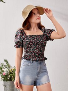 SHEIN 青少年女孩碎花方領泡泡袖荷葉邊下擺襯衫 - 彩色 - 查看 6