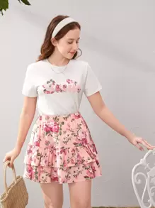 SHEIN 青少年女孩字母和花卉印花T恤和荷葉邊裙子套裝 - 彩色 - 查看 5