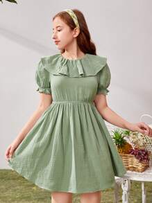 SHEIN 青少年女孩荷葉邊泡泡袖洋裝