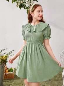 SHEIN 青少年女孩荷葉邊泡泡袖洋裝